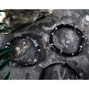 Bracelet Perles Heishi Pierres Naturelles Agate Noire Barre Acier