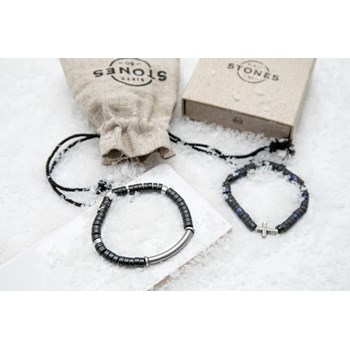 Bracelet Perles Heishi Pierres Naturelles Agate Noire Barre Acier