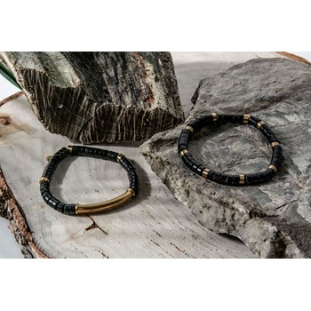 Bracelet Perles Heishi Pierres Naturelles Agate Noire Barre Acier Doré