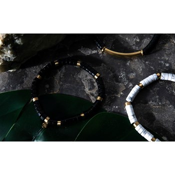 Bracelet Perles Heishi Pierres Naturelles Agate Noire Barre Acier Doré