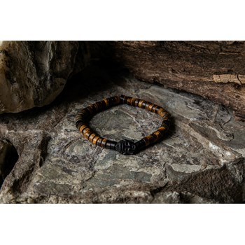 Bracelet Perles Heishi Pierres Naturelles oeil De Tigre Bouddha Acier Noir