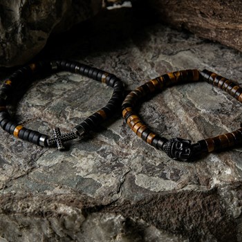 Bracelet Perles Heishi Pierres Naturelles oeil De Tigre Bouddha Acier Noir