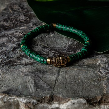 Bracelet Perles Heishi Pierres Naturelles Malachite Bouddha Doré Acier