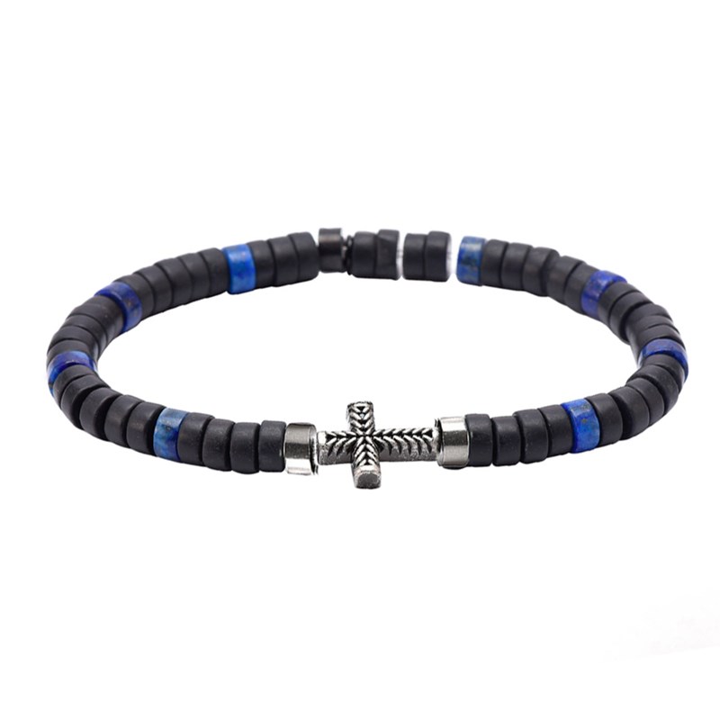 Bracelet Perles Heishi Pierres Naturelles Agate Noire Et Lapis Lazuli Croix Acier Antique