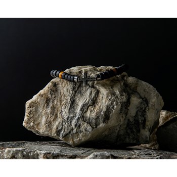 Bracelet Perles Heishi Pierres Naturelles Agate Noire Tigre Croix Acier Antique