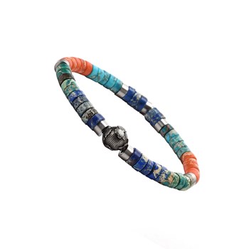 Bracelet Perles Heishi Pierres Naturelles Jaspe Impérial Bleu Ciel, Orange, Vert Et Bleu Planète Acier