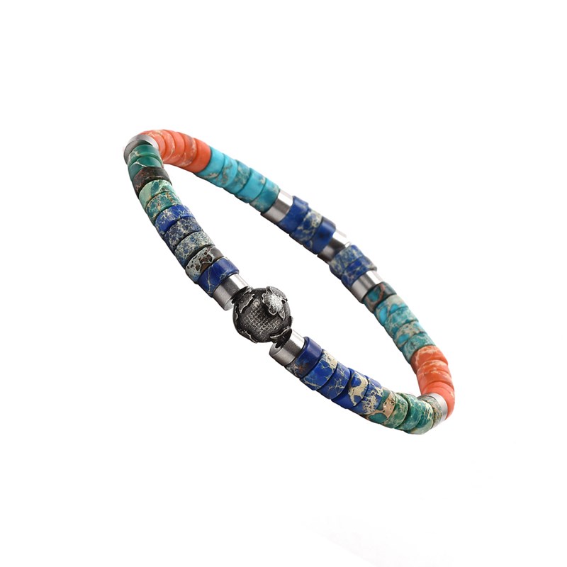 Bracelet Perles Heishi Pierres Naturelles Jaspe Impérial Bleu Ciel, Orange, Vert Et Bleu Planète Acier - vue 3