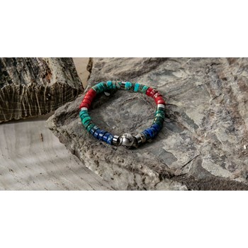 Bracelet Perles Heishi Pierres Naturelles Jaspe Impérial Bleu Ciel, Orange, Vert Et Bleu Planète Acier