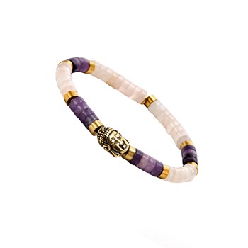 Bracelet Perles Heishi Pierres Naturelles Améthyste Et Quartz Rose Bouddha Doré Acier