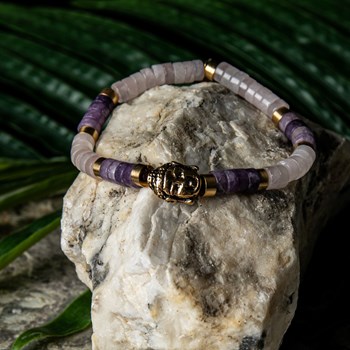Bracelet Perles Heishi Pierres Naturelles Améthyste Et Quartz Rose Bouddha Doré Acier