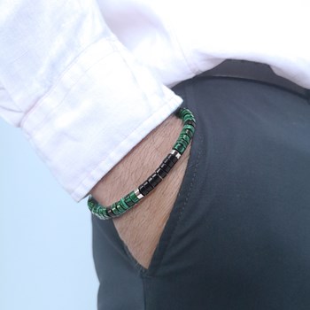 Bracelet Perles Heishi Agate Noire Et Malachite