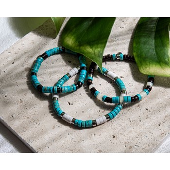 Bracelet Perles Heishi Turquoise Bleu Et Turquoise Blanche