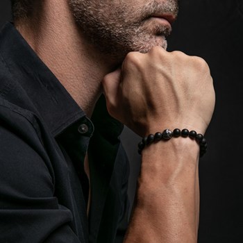 Bracelet Boules Noir Onyx Pierres Naturelles Croix Rock