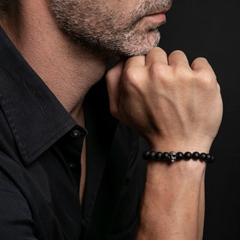 Bracelet Boules Noir Onyx Pierres Naturelles Tête De Mort