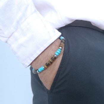 Bracelet Perles Heishi Pierres Naturelles oeil De Tigre Et Turquoise