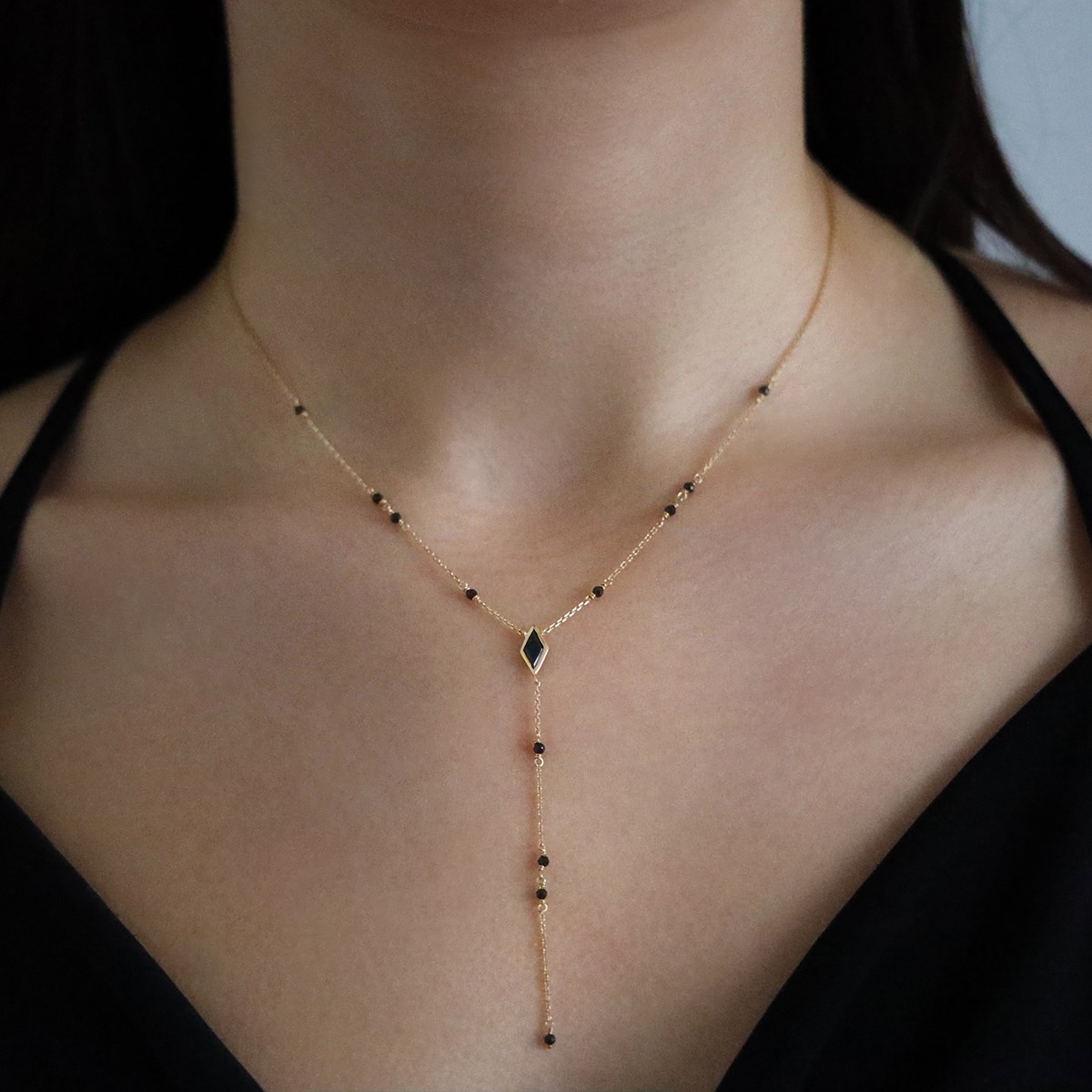 Collier En Argent Cravate Doré Pierre Spinelle Noire - vue 2