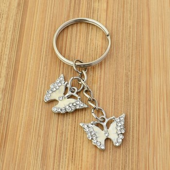 Keyring 2 butterflies colored enamel white silver rhinestone