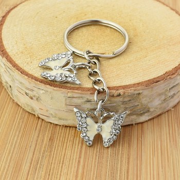 Keyring 2 butterflies colored enamel white silver rhinestone