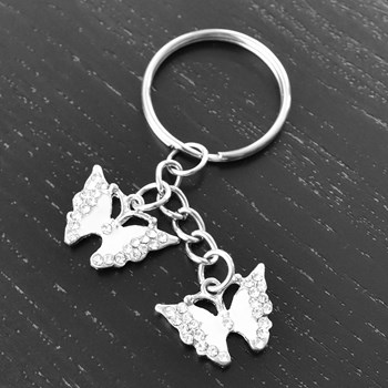 Keyring 2 butterflies colored enamel white silver rhinestone