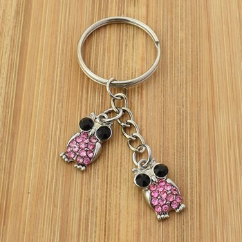 Keyring with 2 pink and black rhinestone owls, silver plated