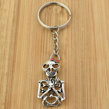 Gothic skeleton keyring heart eyes bow tie silver plated red