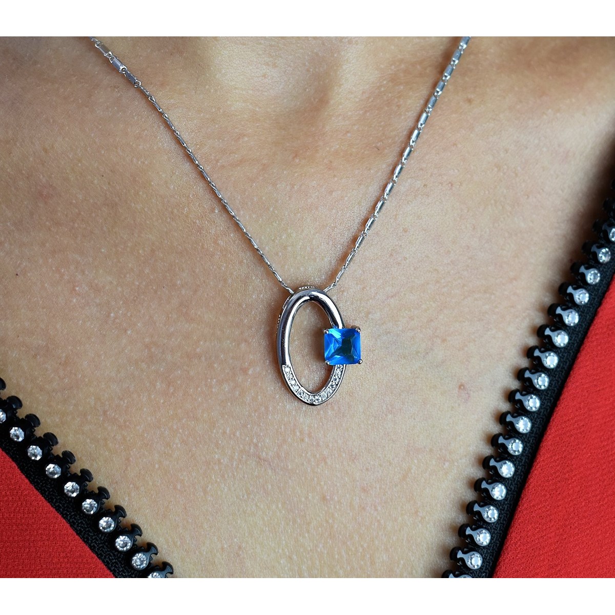 Collier goutte ovale et carré oxyde de zirconium bleu turquoise argenté - vue 2