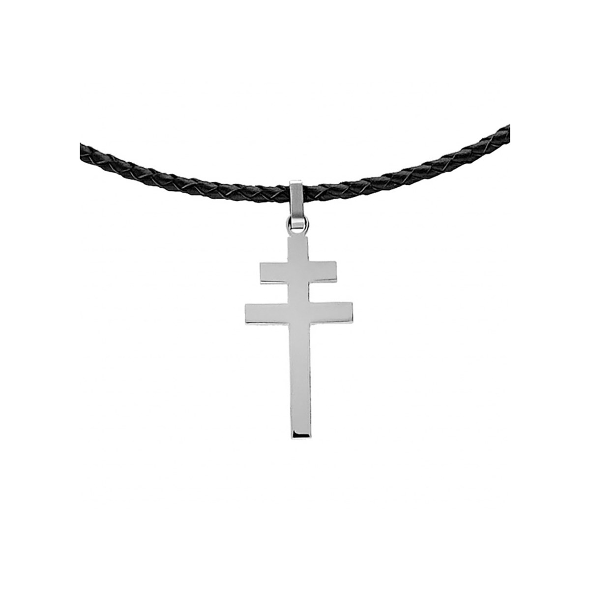 Collier acier et cuir - Croix de Lorraine