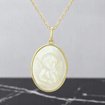 Collier médaille ange baptême ovale de nacre Plaqué OR 750 3 microns