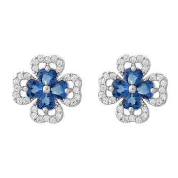 Boucles d'oreilles trèfle de coeurs oxydes de zirconium bleus roi Argent 925 Rhodié