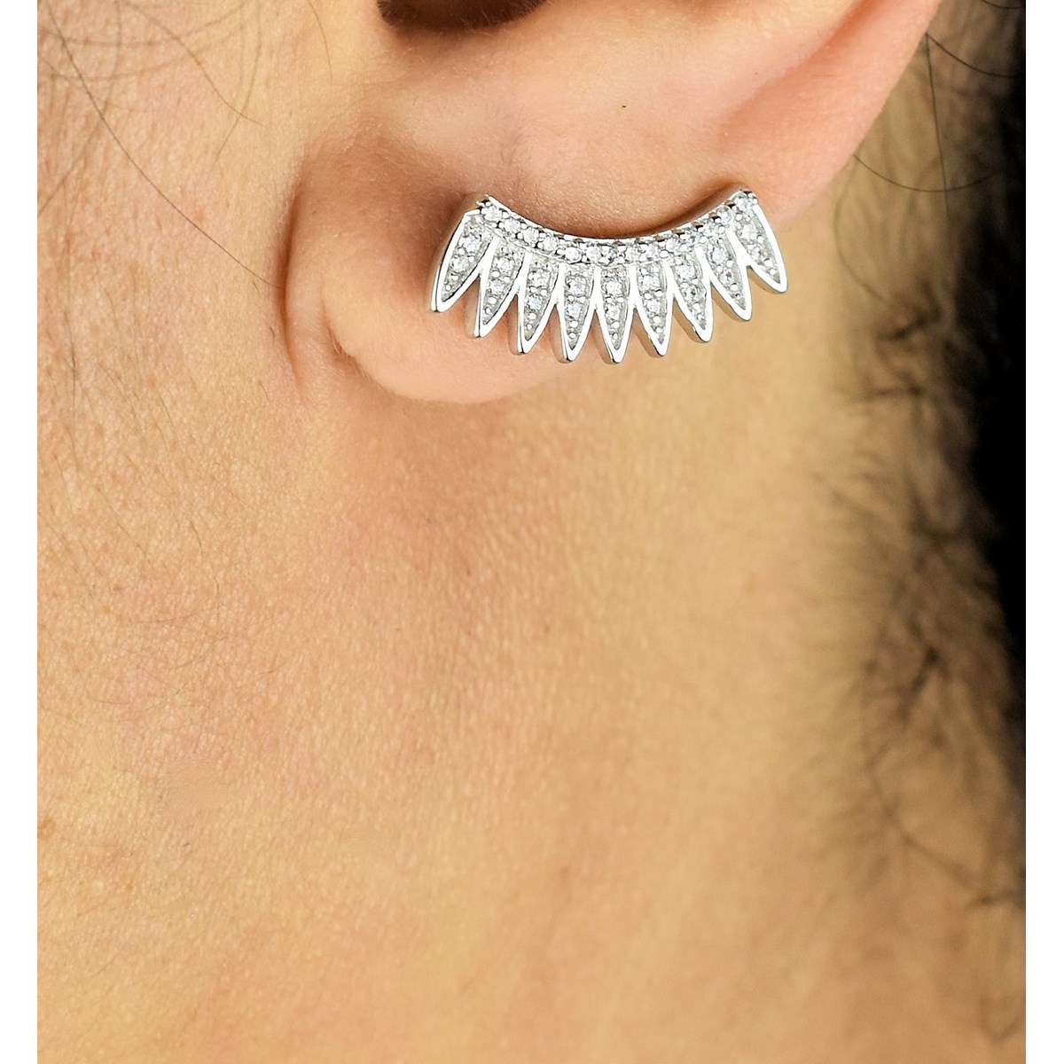 Boucles d'oreilles grimpantes contour de lobe couronne de plumes d'oxydes de zirconium Argent 925 Rhodié - vue 2