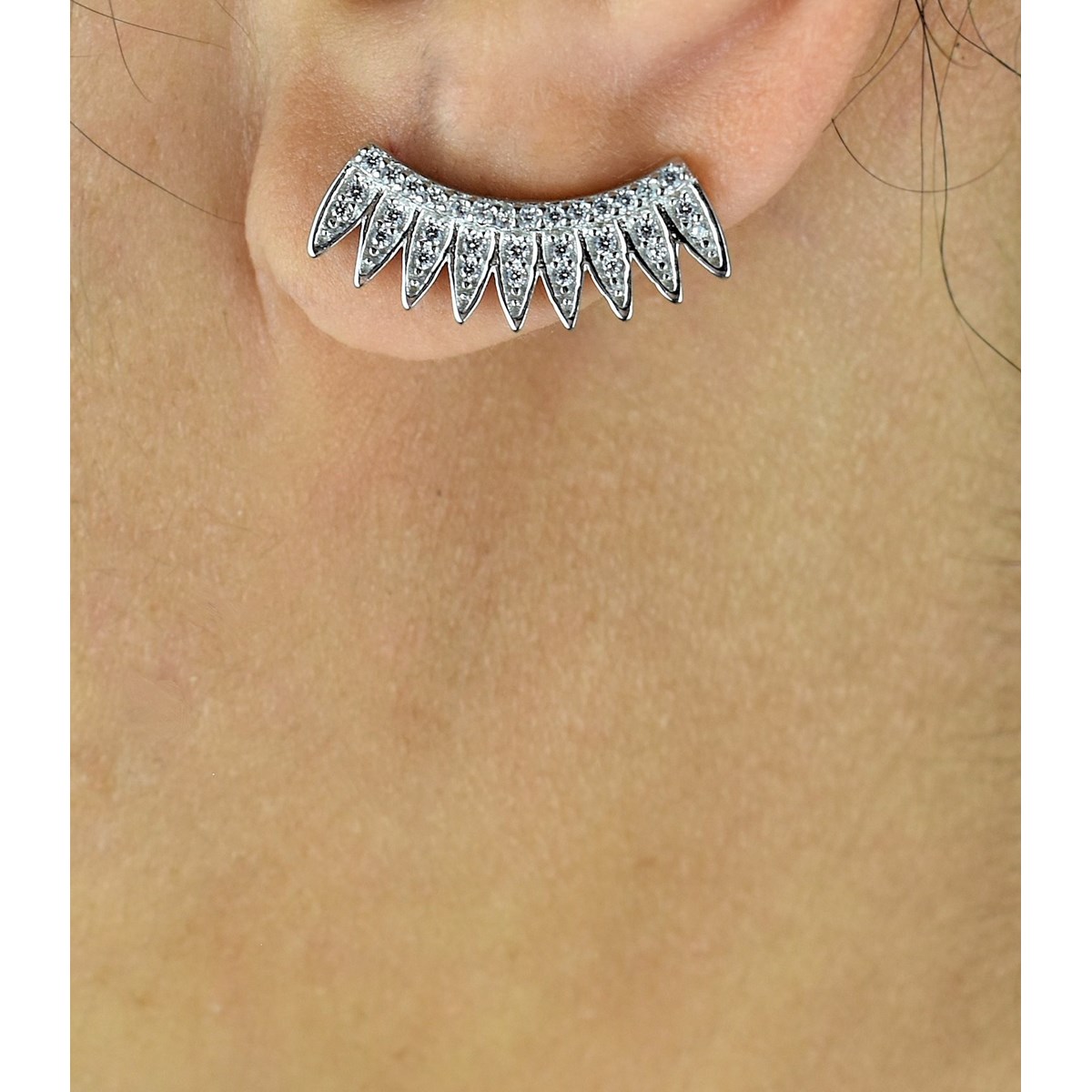 Boucles d'oreilles grimpantes contour de lobe couronne de plumes d'oxydes de zirconium Argent 925 Rhodié - vue 3