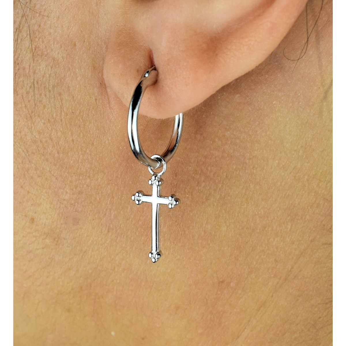 Boucles d'oreilles Mini Créoles croix pendante Argent 925 Rhodié - vue 3