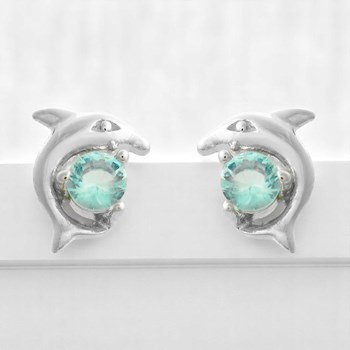 Boucles d'oreilles dauphin cristal bleu turquoise Argent 925 Rhodié