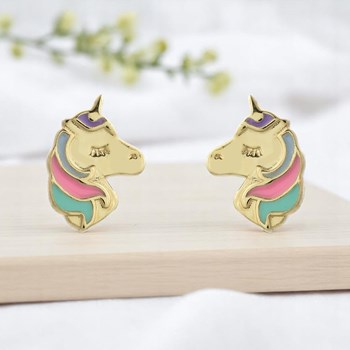 Boucles d'oreilles tête de licorne émail coloré Plaqué or 750 3 microns