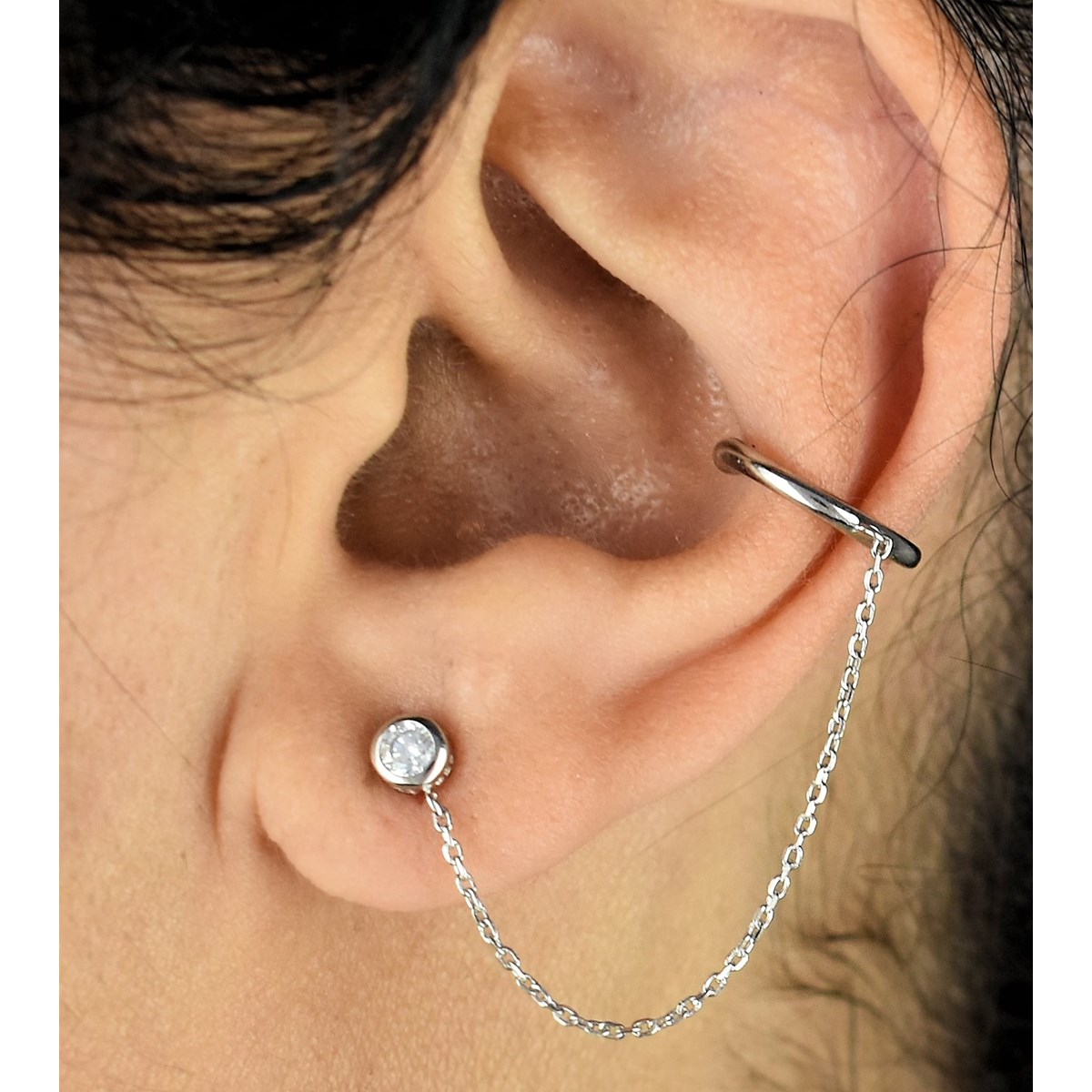 Clip d'oreille earcuff avec chaînette pendante oxyde de zirconium Argent 925 Rhodié - vue 2