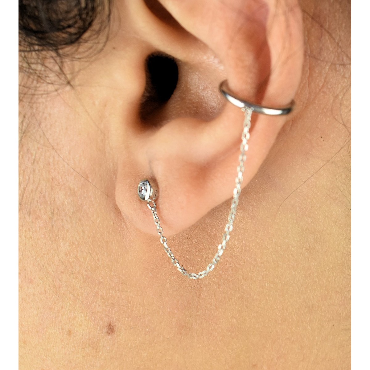 Clip d'oreille earcuff avec chaînette pendante oxyde de zirconium Argent 925 Rhodié - vue 3