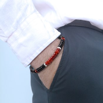 Bracelet Perles Heishi Agate Noire Et Agate Rouge