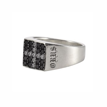 Chevalière Argent Moderne Carré Pavée Pierre Noire Et Croix Blanche