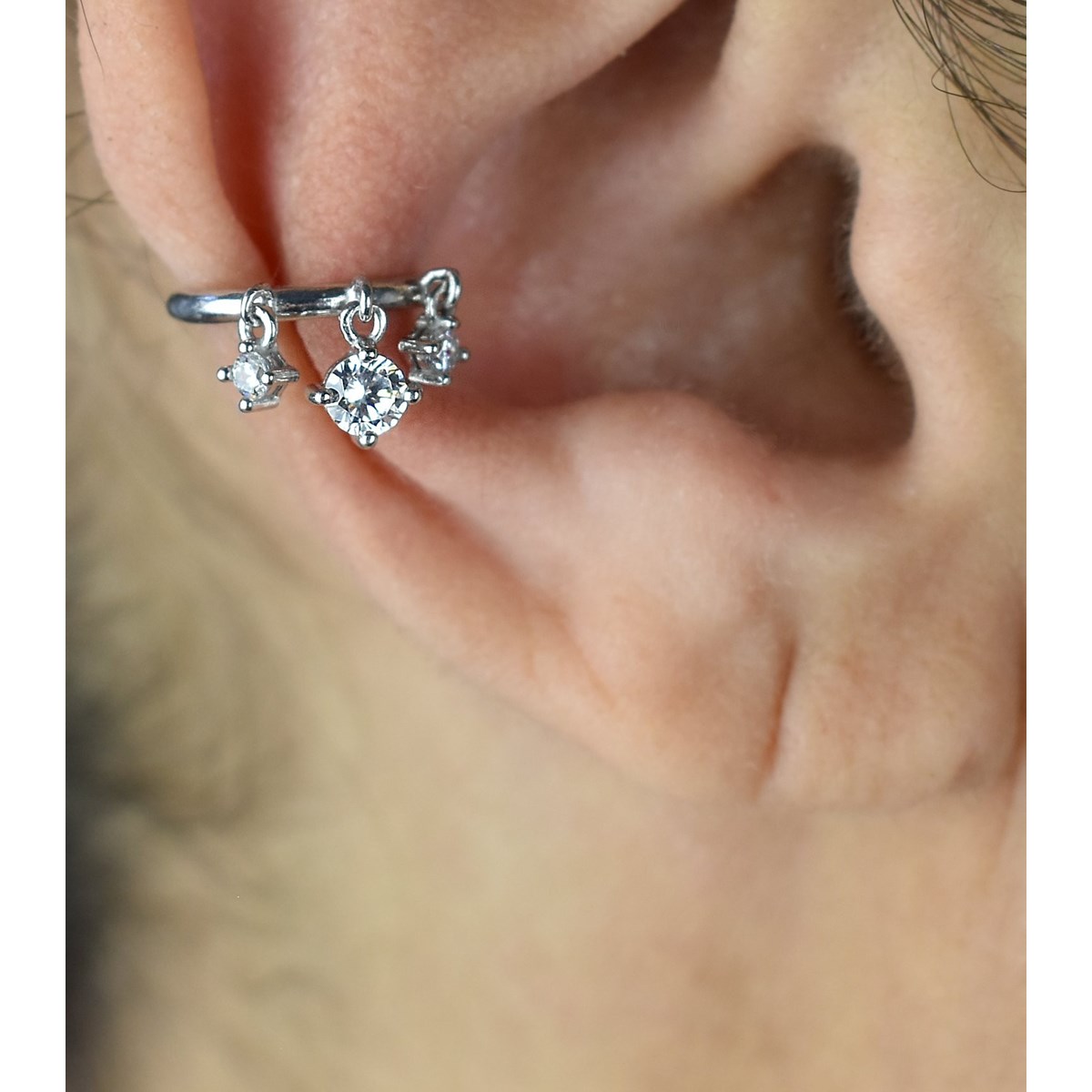 Clip d'oreille earcuff 3 oxydes de zirconium pendants Argent 925 Rhodié - vue 2