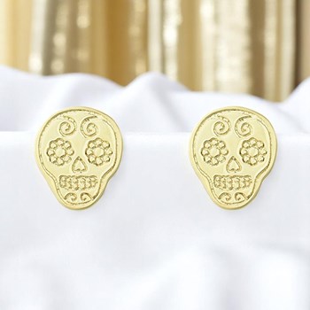 Boucles d'oreilles tête de mort mexicaine fleuri cavalera Plaqué OR 750 3 microns