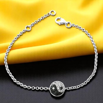 Bracelet yin yang serti d'oxydes de zirconium blancs et noirs Argent 925 Rhodié
