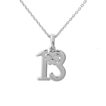 Number 13 and lucky clover necklace 925 Rhodium Silver