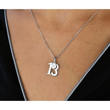 Number 13 and lucky clover necklace 925 Rhodium Silver