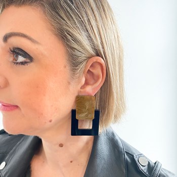 Two-tone black and beige dangling earrings