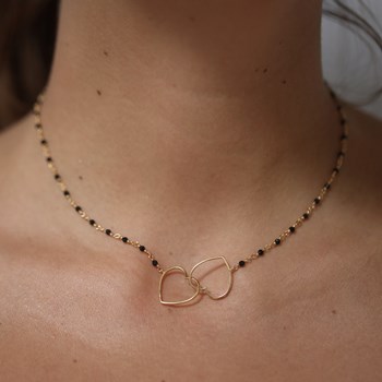 Collier Argent Doré Double Coeur Et Pierre Rouge