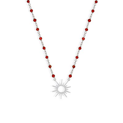 Collier fleur en argent rhodié avec émail rouge et oxydes de