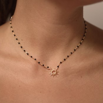 Collier Argent Soleil Rhodié Et Pierre Onyx Rouge
