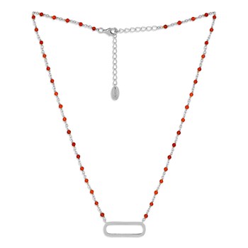 Collier Argent Rhodier Lingot Et Pierres Onyx Naturelles Rouge