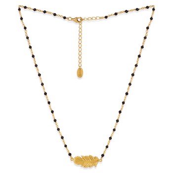 Collier Argent Doré Plume Et Pierres Naturelles Noires