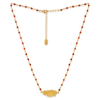 Collier Argent Doré Plume Et Pierres Naturelles Rouges